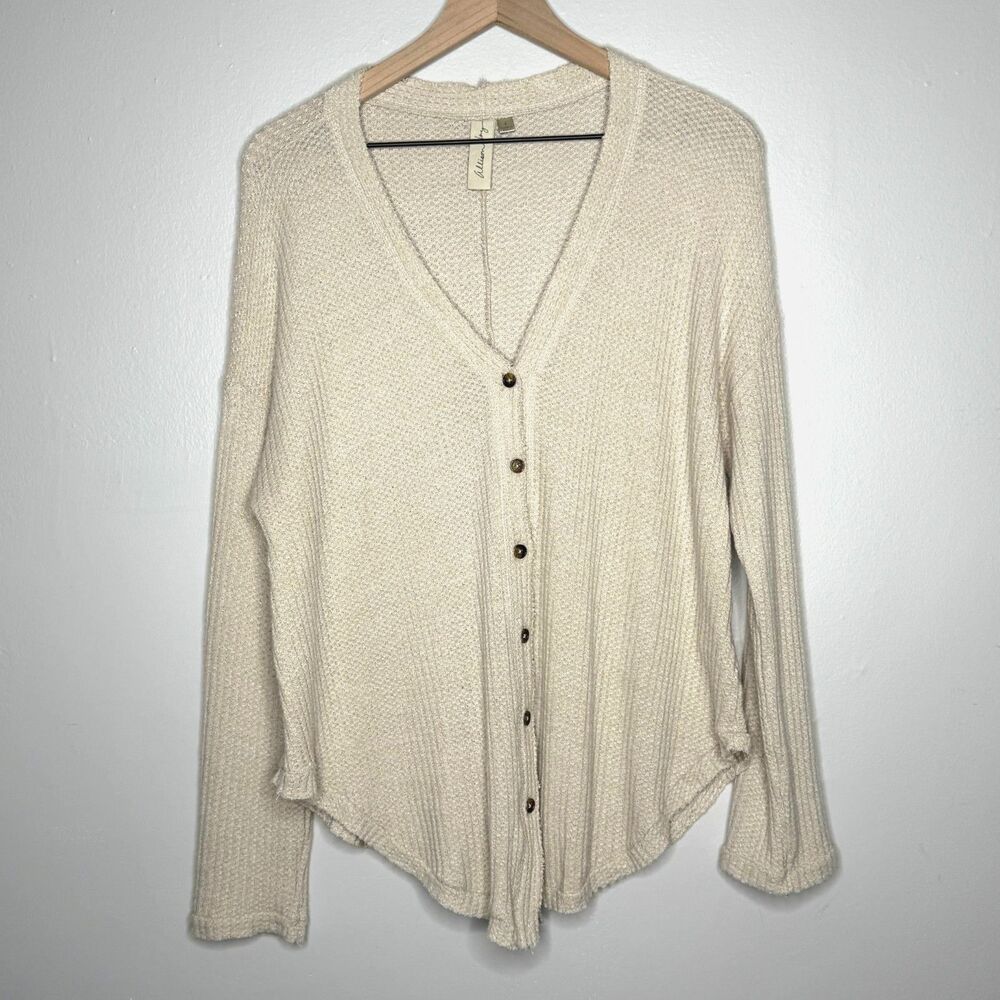 Allison Joy Womens Button Up Top Large Beige Tan‎ Sweater Soft Lounge Oversized